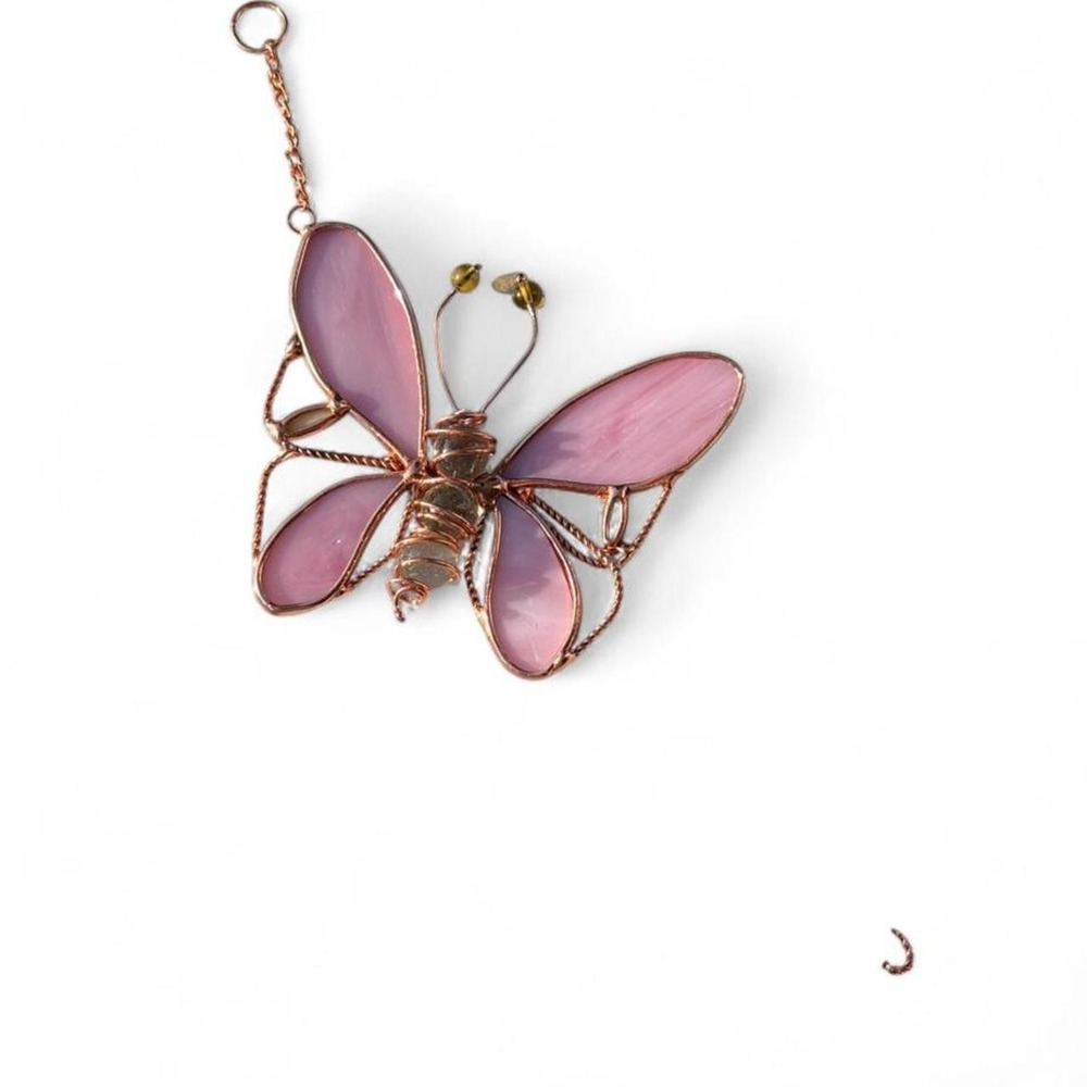 Pink stained glass butterfly suncatcher with copper wire frame and glass orbS